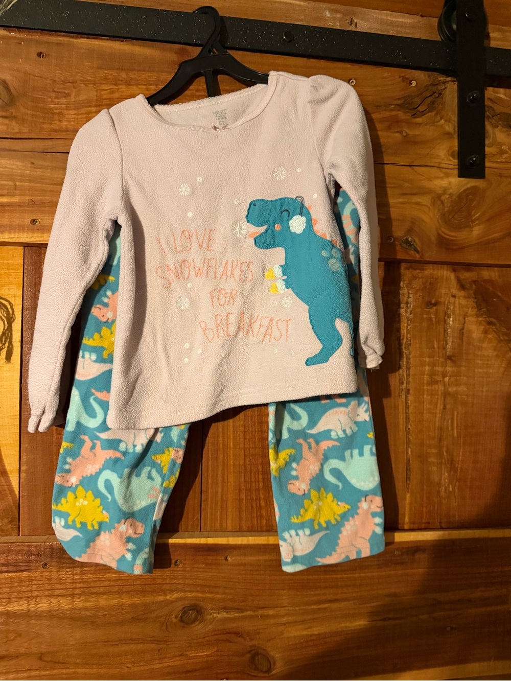 Girls' Pink Top & Teal Dino Print Pajama Set